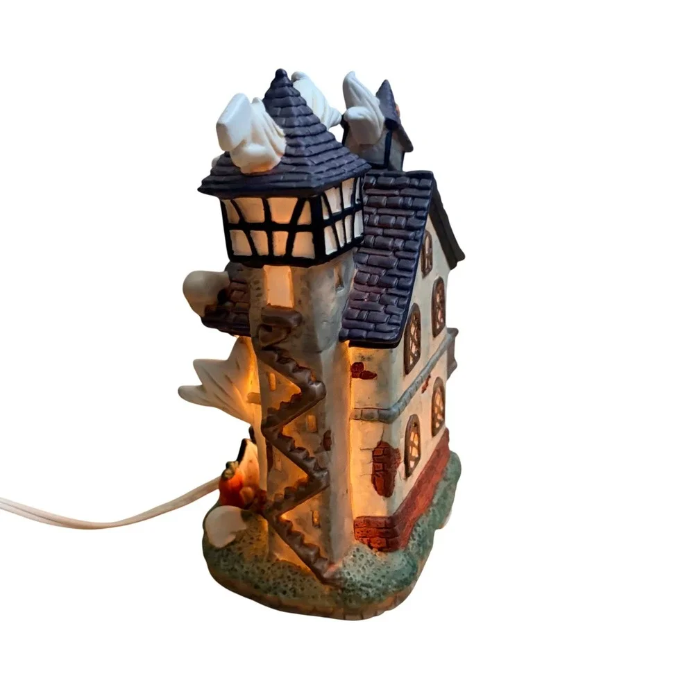 Vintage Haunted House 1990s Ceramic Ghost Pumpkin Halloween Light Up Village
